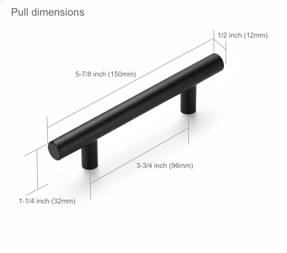 Cabinet pulls Matte Black stainless steel - 5.9" length, 3-3/4” hole center
